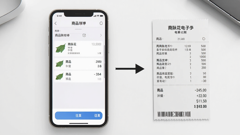 一张AI生成的图片,画面中央是一部手机,手机屏幕上显示商陆花电子小票的开单界面,有商品列表和结算按钮,旁边有一个箭头指向一张已经生成好的电子小票图片,小票上有商品明细和金额,背景是干净的白色桌面,风格简洁扁平,画质清晰,无多余元素