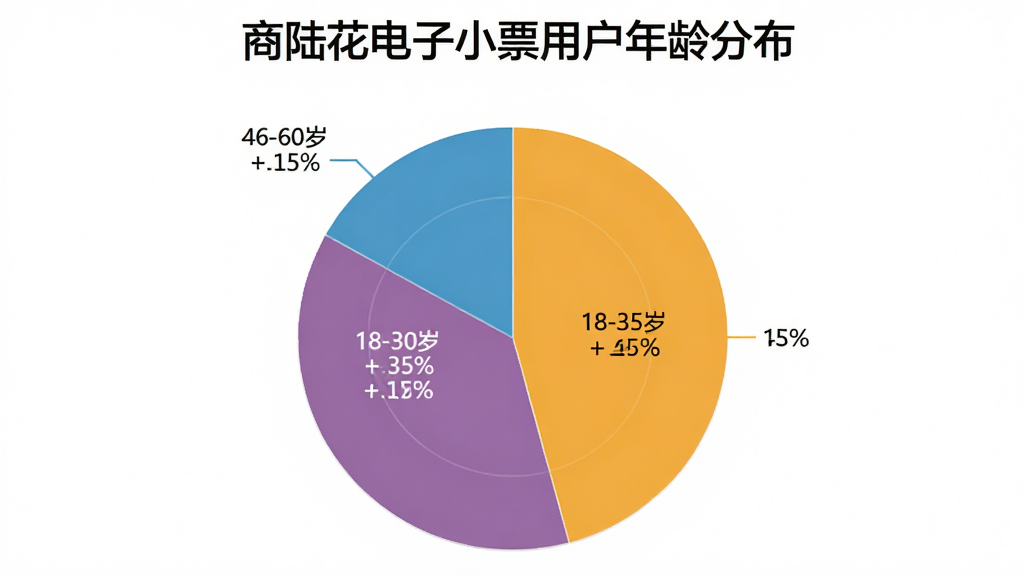 一张AI生成的图片,画面是一个饼状图,展示商陆花电子小票用户的年龄分布,饼图分为几个色块,分别标注18-30岁、31-45岁、46-60岁,每个色块上有人数百分比,图表标题为“商陆花电子小票用户年龄分布”,风格简洁商务,画质干净,无多余元素