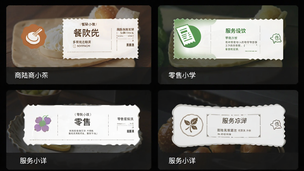 一张AI生成的图片,展示商陆花电子小票应用内的多个小票模板缩略图,有餐饮小票、零售小票和服务小票,每个模板都标有对应的图标和简要文字说明,界面布局整齐,风格清新,画质干净,无多余元素