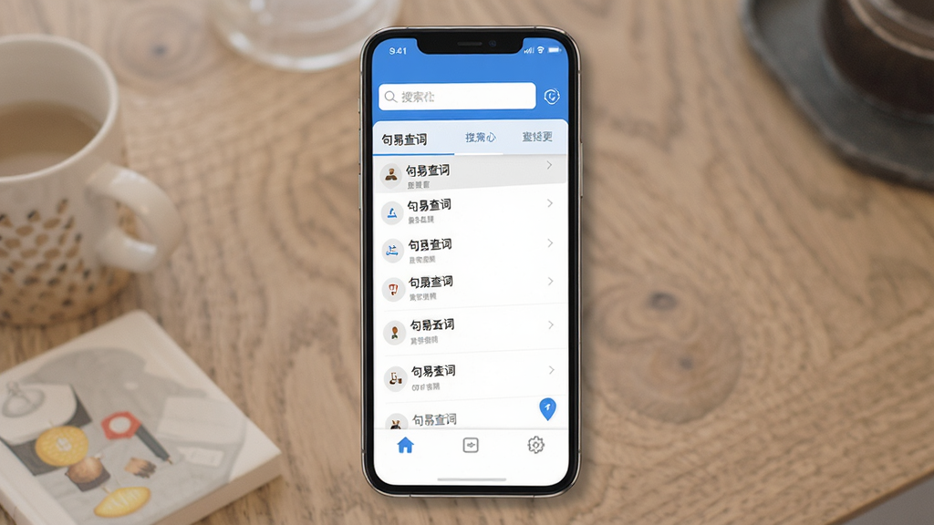 句易查词 手机应用主界面 简洁蓝白配色 顶部搜索框 中间显示查询结果列表 底部功能导航栏 扁平化设计 现代风格 干净无多余元素 高清画质