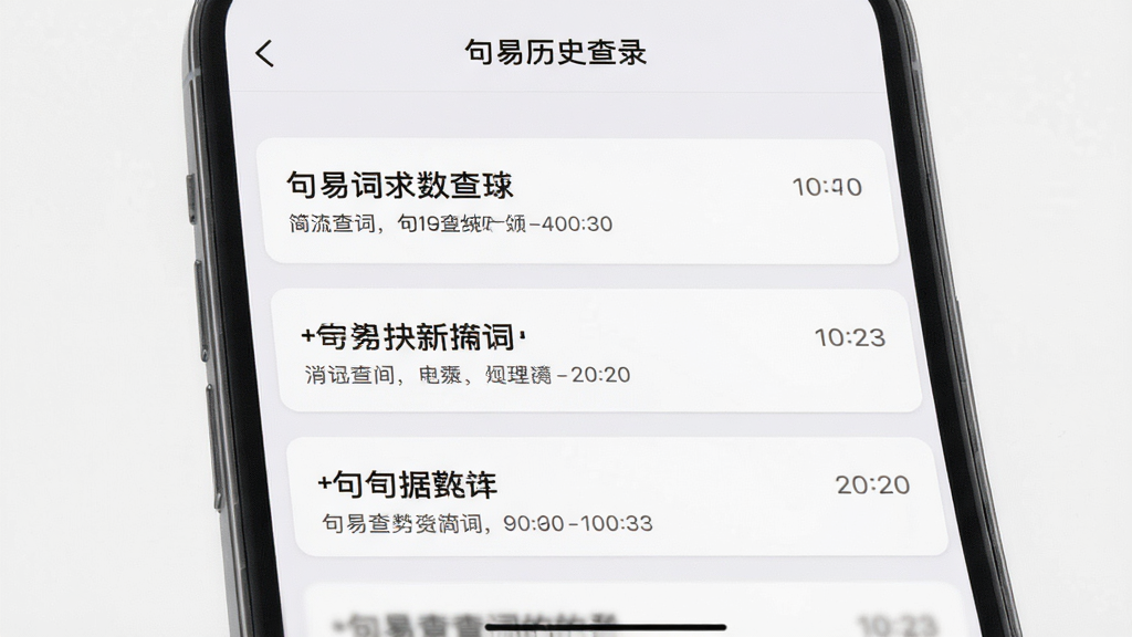 句易查词 历史记录界面 手机屏幕显示按时间排列的查询条目 每条带简短摘要和时间戳 背景浅灰 卡片式布局 干净整洁 高清画质