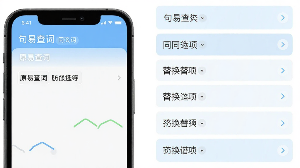 句易查词 同义词替换建议界面 手机屏幕左侧显示原句 右侧列出多个替换选项 每个选项带小箭头图标 界面清爽 字体清晰 现代扁平风格 高清画质