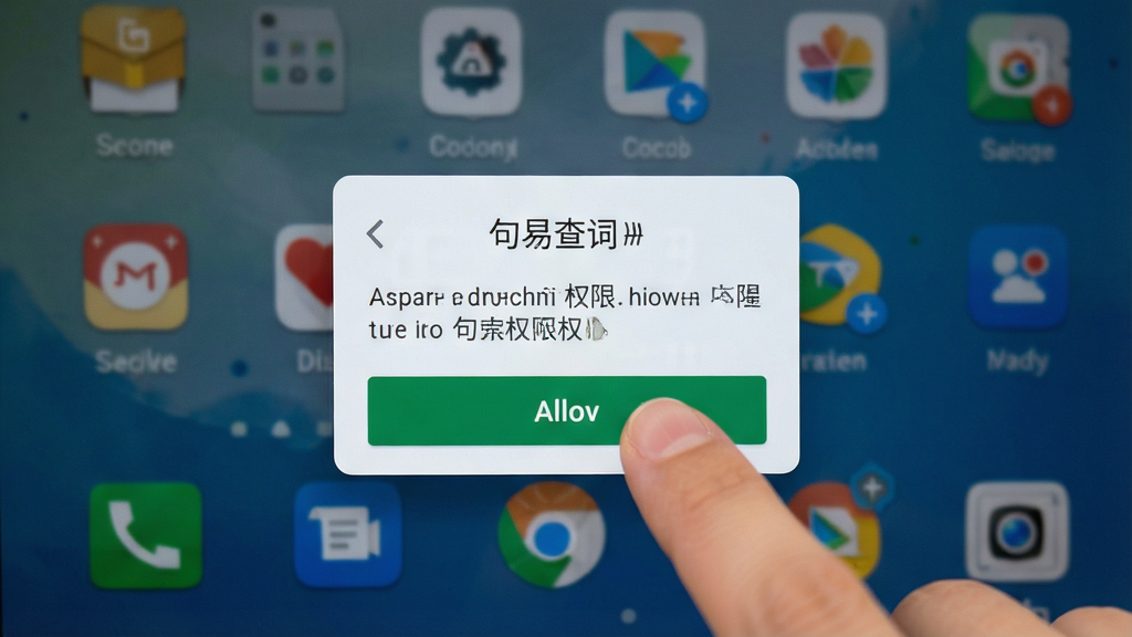 句易查词 安卓手机安装界面 显示权限请求弹窗 用户手指点击允许按钮 背景为手机桌面 简洁风格 高清画质 无多余元素