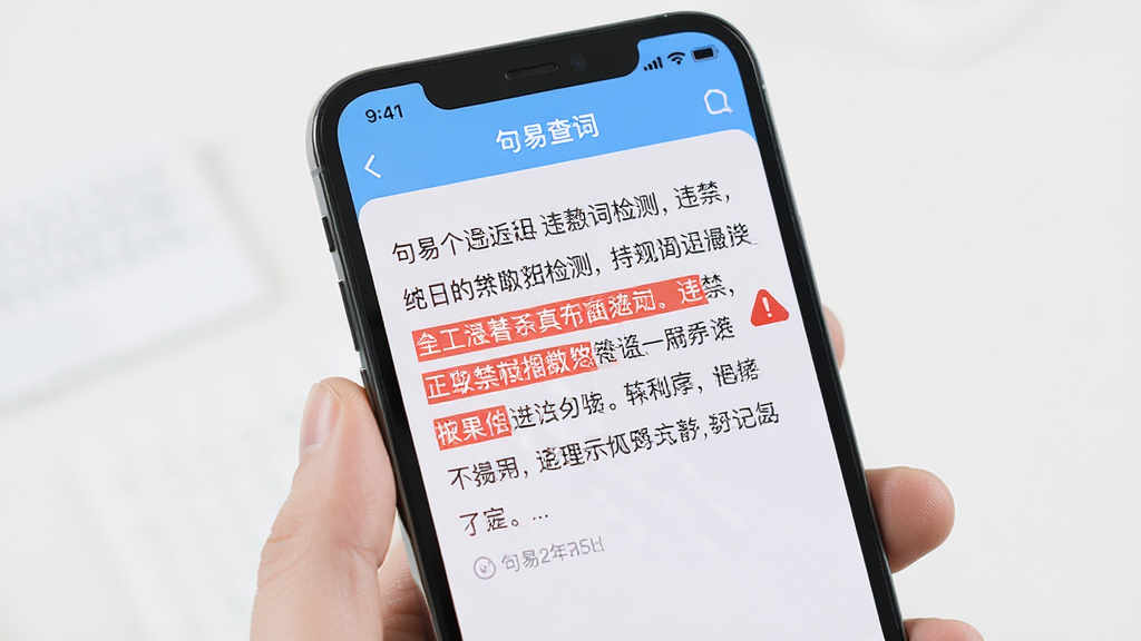 句易查词 违禁词检测界面 手机屏幕显示文字段落 部分词汇被红色高亮标记 旁边出现提示图标 背景干净 浅色主题 高清画质 无多余元素