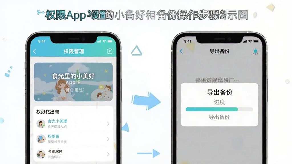 一张展示“食光里的小美好”App权限设置和备份操作步骤的示意图,画面中手机屏幕分屏显示,左侧是权限管理界面,右侧是导出备份的进度条,背景有箭头指引,风格简洁直观,画质清晰,无多余装饰