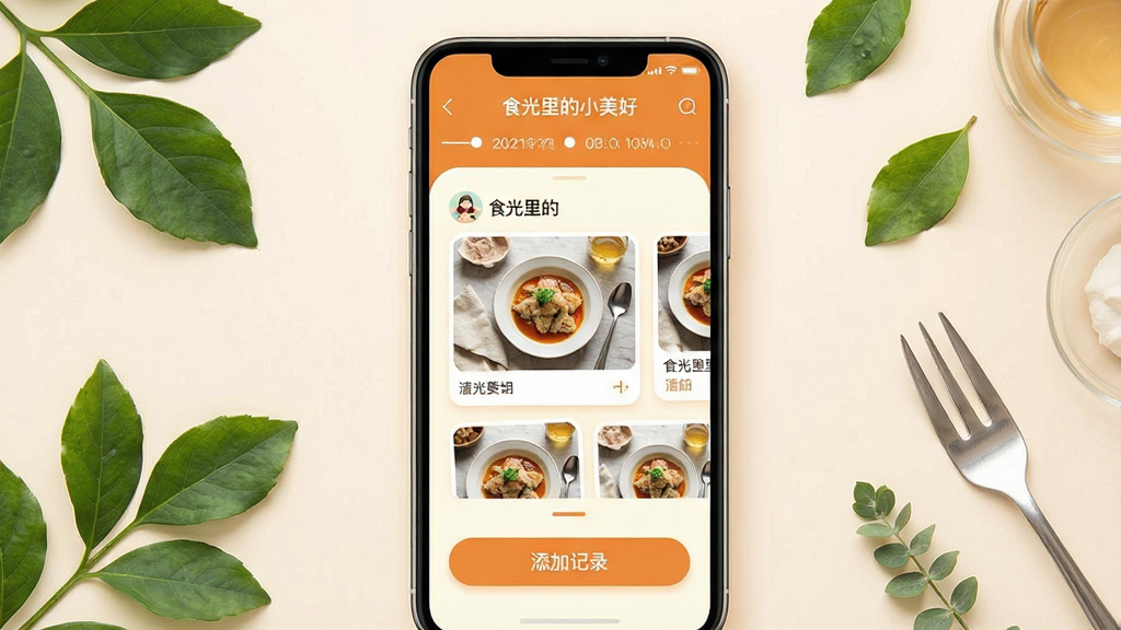 一张温馨的手机应用界面展示图,画面中央是一部智能手机,屏幕上显示着“食光里的小美好”App的主界面,界面以暖橙色和米白色为主色调,顶部有日期时间线,中间是用户拍摄的美食照片卡片,下方有添加记录按钮,周围散落着几片绿叶和餐具作为装饰,风格清新治愈,细节柔和,画质干净明亮,无多余元素