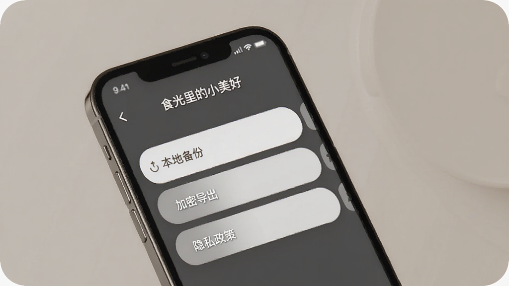 一张展示“食光里的小美好”App数据备份与隐私设置界面的图片,画面中手机屏幕显示着设置菜单,其中有“本地备份”“加密导出”“隐私政策”等选项,背景是柔和的暖灰色,界面元素圆润,风格沉稳可靠,画质清晰无杂乱