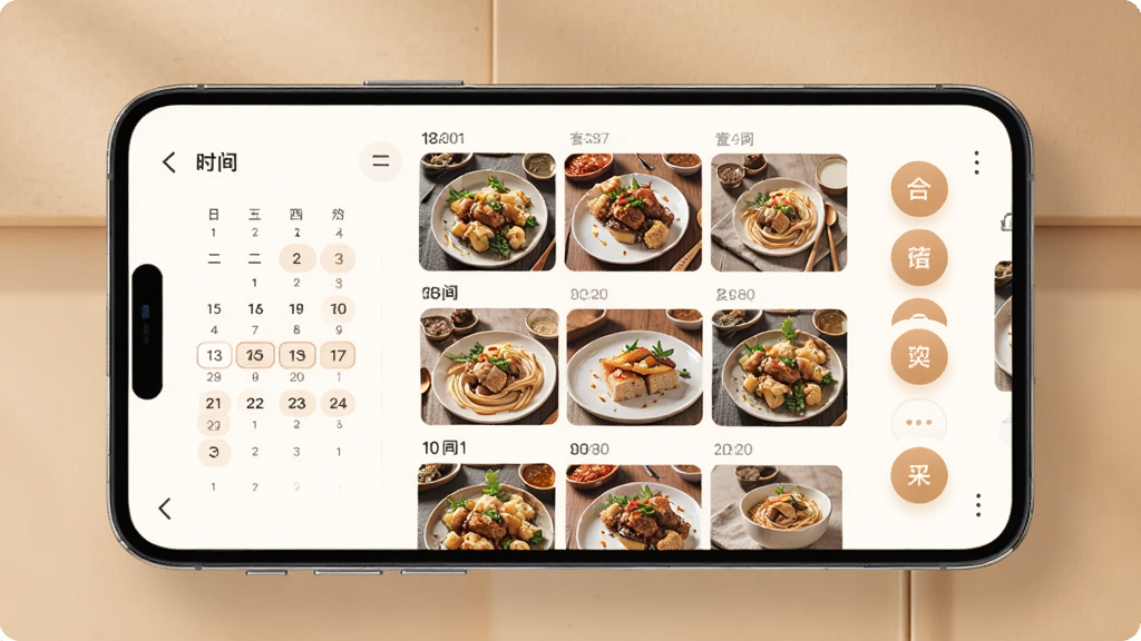 一张展示“食光里的小美好”App时间轴和日历视图的界面图,画面中手机屏幕显示着按日期排列的美食照片网格,左侧有日历导航栏,右侧有标签筛选按钮,整体布局清晰,以暖色调为主,风格简约现代,画质细腻干净