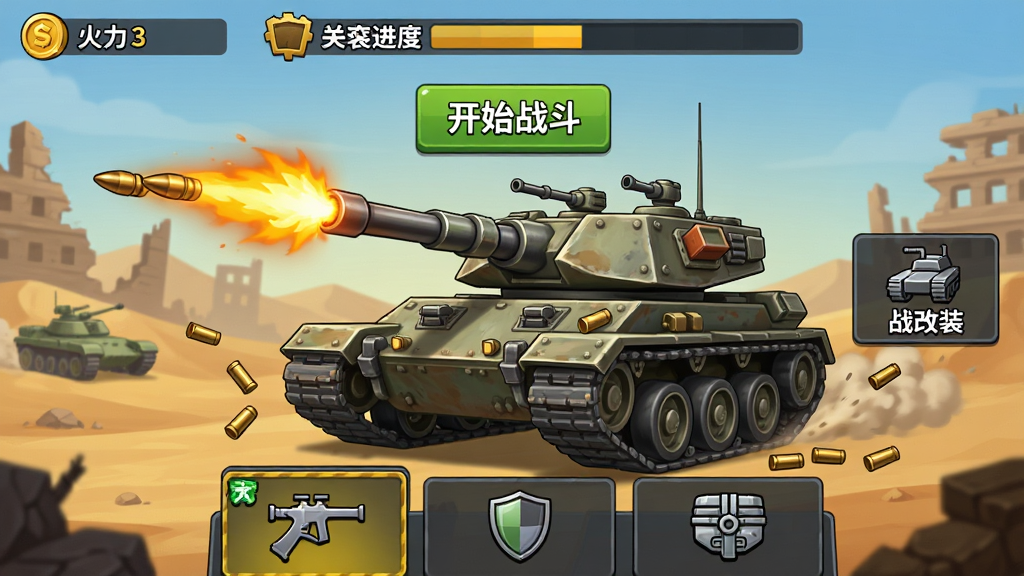 一张火力战车王游戏主界面截图,画面中央是一辆重装履带战车正喷射炮弹,背景是沙漠废墟战场,布局上方显示金币和关卡进度条,中间是开始战斗按钮和战车改装入口,底部为武器、装甲、引擎三个升级选项卡,风格为美式卡通写实混搭,细节包含炮口火焰和飘散的弹壳,画质清晰干净无多余元素