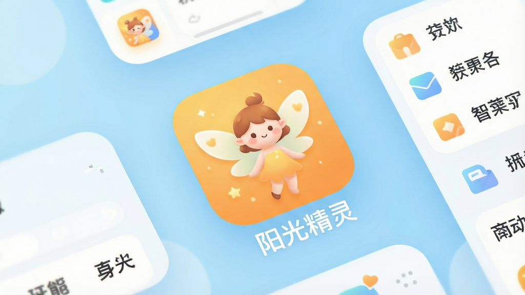 �ֻ���Ļ��д������������ʾһ����Ϊ�����⾫�顱��Appͼ�꣬ͼ������ů�ĳȻ�ɫ��������һ���ɰ���С������Ԫ�ء�ͼ����Χ�����ż��Ľ����ͼ��չʾ��ˬ����ҳ�͹����б�����������͵�ǳ��ɫ���䣬����ִ���ƽ��ϸ��Բ�󣬻��ʸɾ��������޶���Ԫ�ء�