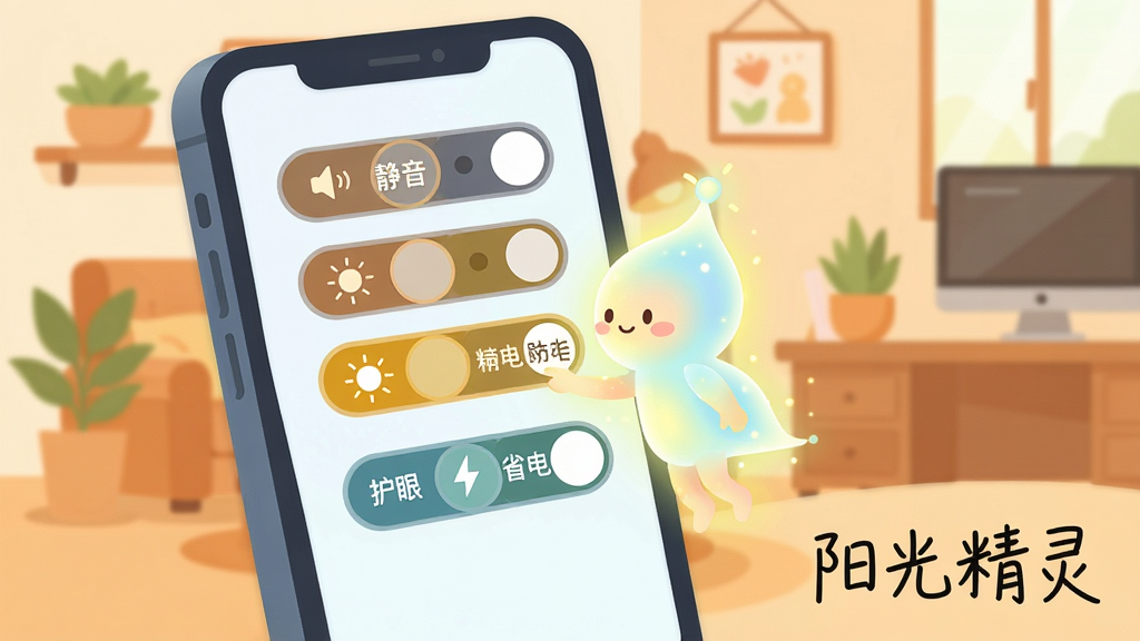 һ�ű�ƽ�����Ĳ廭��չʾһ���ֻ���Ļ����Ļ����һ�������С�������ڲ����������ذ�ť����ť�ֱ���š��������������ۡ�����ʡ�硱��ͼ�ꡣ��������ܰ�ļҾӻ�칫�һ�����ʻ�������������죬���ʸɾ����޶���Ԫ�أ��������ơ����⾫�顱����д������ڻ���һ�ǡ�