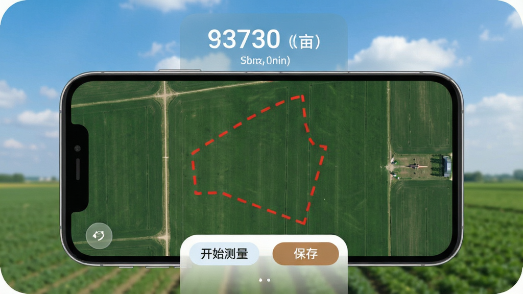 测亩量地仪 手机屏幕显示一块绿色农田的卫星地图 地图上用红色线条圈出一块不规则多边形 屏幕上方显示面积数字和亩数单位 下方有开始测量和保存按钮 背景是蓝天白云的户外农田场景 整体布局清晰 风格现代扁平 细节圆润 画质干净 无多余元素