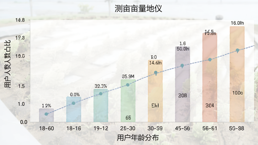 测亩量地仪 用户年龄分布柱状图 横轴为18-60岁年龄段 纵轴为用户人数占比 柱状图显示30-50岁用户最多 图表风格简洁 色彩柔和 标注清晰 画质干净 无多余元素