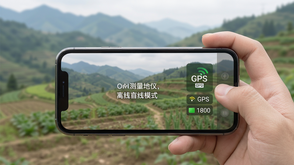 测亩量地仪 手机屏幕显示离线模式提示 旁边有GPS信号图标和已保存数据条数 背景是山区农田 画面风格简洁 色彩柔和 细节清晰 画质干净 无多余元素