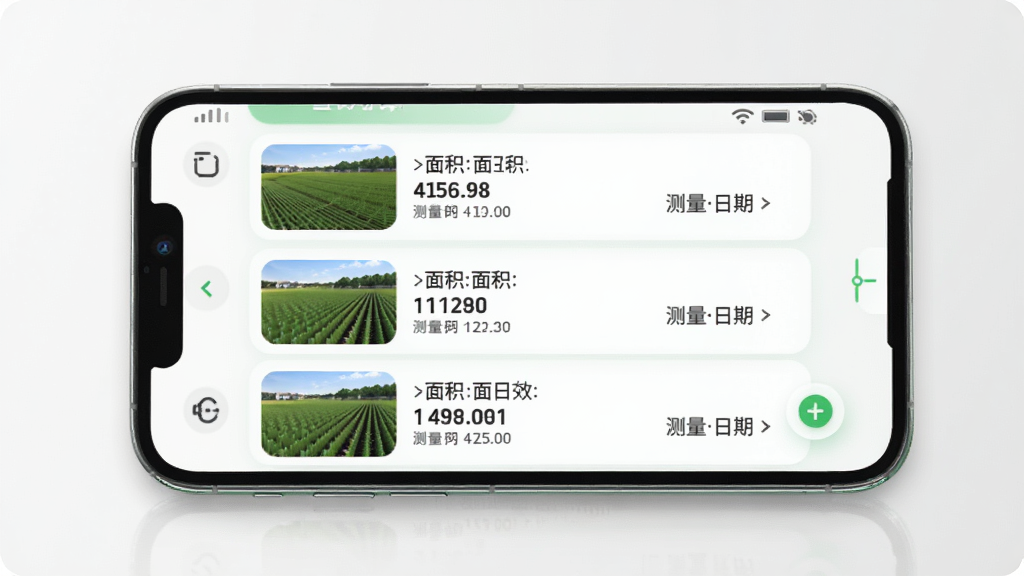 测亩量地仪 手机屏幕显示历史测量记录列表 每一条记录有地块缩略图 面积数字和测量日期 界面以白色和绿色为主 布局简洁 风格现代 细节圆润 画质干净 无多余元素