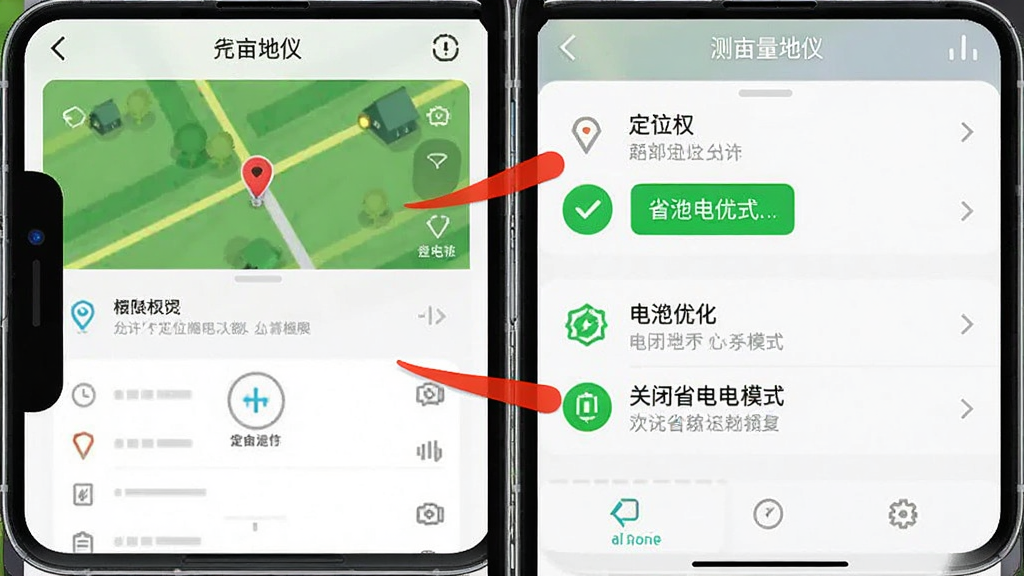 测亩量地仪 手机设置界面截图 显示定位权限和电池优化选项 用红色箭头标注允许定位和关闭省电模式 界面风格简洁 色彩清晰 细节明确 画质干净 无多余元素