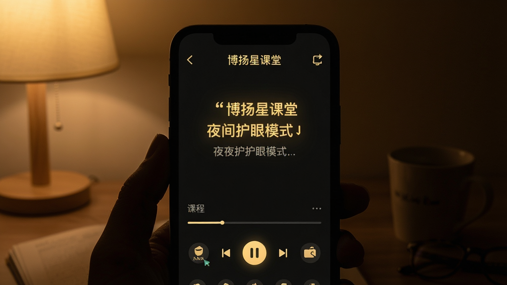 �����ǿ��� ҹ�令��ģʽ���棬�ֻ���Ļ��ʾ��ɫ�����Ŀγ̲���ҳ�棬���ֺ�ͼ�������͵�ů��ɫ������Χ�����谵��������ʻ��ۣ������������ɾ��޶���Ԫ��