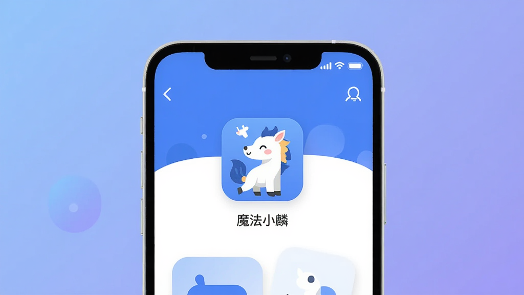 一张展示手机应用界面的插画,主体是一部现代智能手机,屏幕上显示着名为“魔法小麟”的App图标和简洁的蓝白配色主界面,布局清晰,排版居中,风格扁平简约,细节圆润,画质干净无多余元素,背景为柔和的渐变蓝紫色。