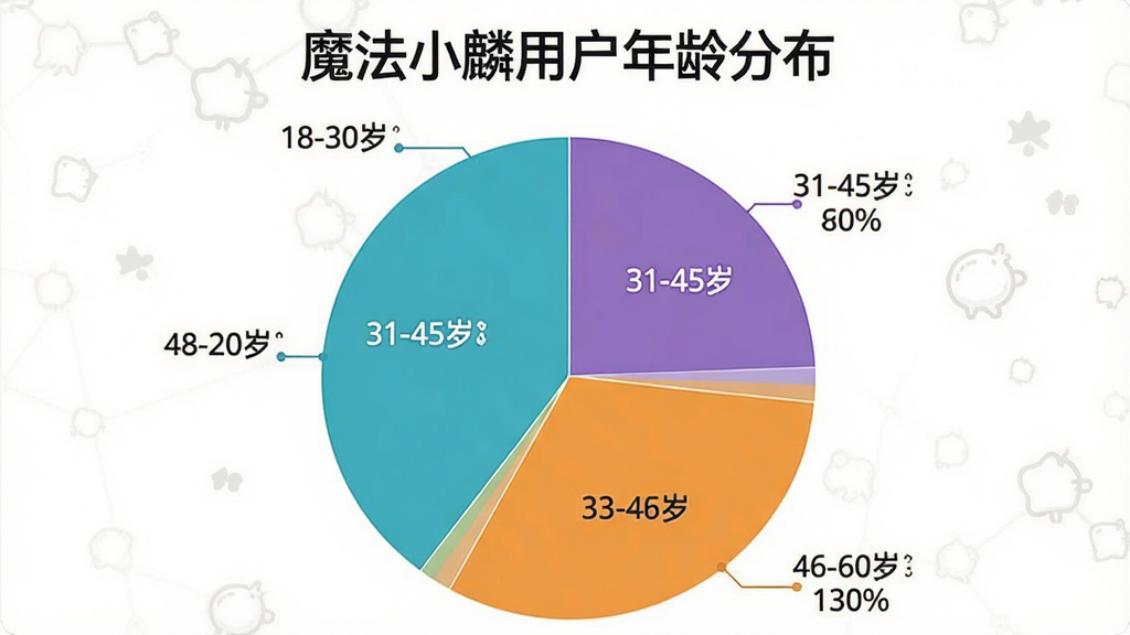 一张展示不同年龄段用户使用手机场景的饼状图,图表标题为“魔法小麟用户年龄分布”,饼图分为几块不同颜色,分别标注18-30岁、31-45岁、46-60岁等区间,数据清晰,背景为白色,风格简洁商务,画质干净无多余元素。