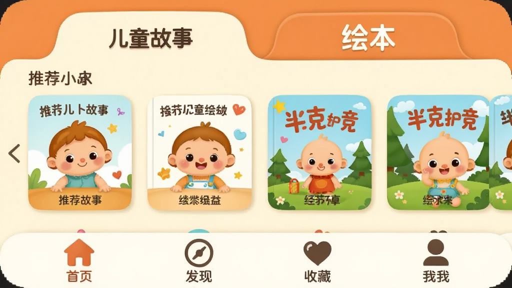 С���˶�ͯ��̹��»汾App�����棬ůɫ����ͨ��񣬶�����ʾ���ºͻ汾����������ǩ���м����Ƽ����¿�Ƭ�ͻ汾�����ֲ����ײ�����ҳ�����֡��ղء��ҵ��ĸ�ͼ�꣬���沼�����������ֱ�ǩ��ȷ�����ɰ���ܰ�����ʸɾ��޶���Ԫ��