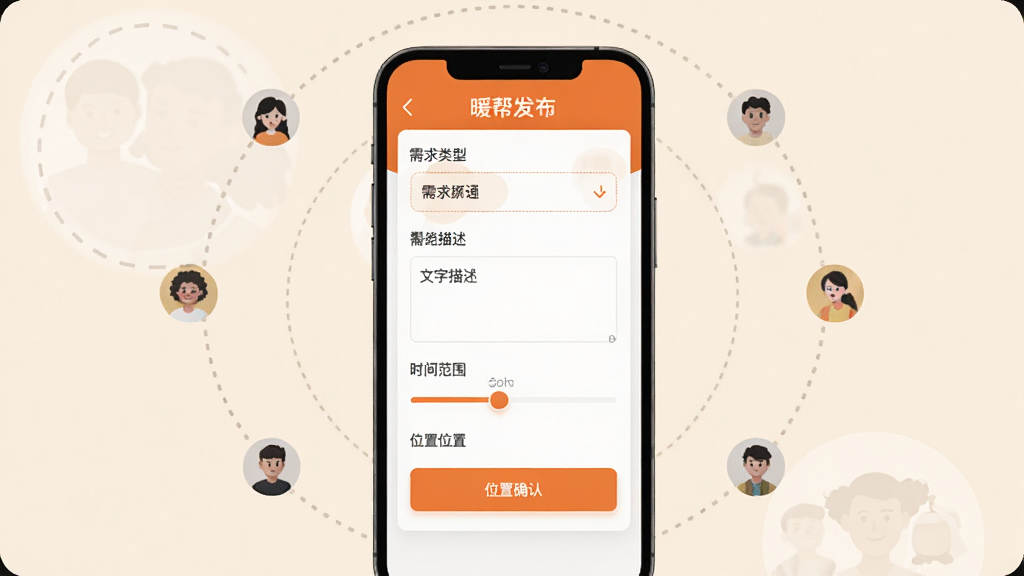 ů��APP������������չʾ��������һ���ֻ���Ļ��ʾ�����������������������������ѡ���������������ʱ�䷶Χ��������λ��ȷ�ϰ�ť��������ů��ɫ��ť�Ͱ�ɫ��ƬΪ�����ֻ���Χ�����Ŵ����������ӵ�����ԲȦ���û�ͷ��Сͼ�꣬�������ƽ��������Ϊǳ��ɫ�����������ɾ����޶���Ԫ��