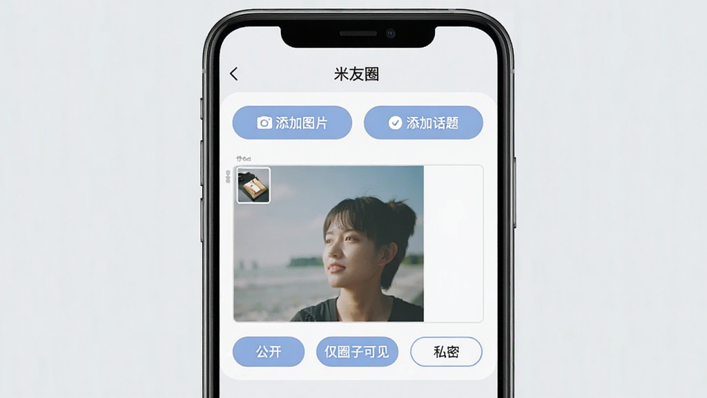一张手机屏幕显示“米友圈”动态发布界面,界面中央是图文编辑框,上方有“添加图片”和“添加话题”按钮,下方有“公开”、“仅圈子可见”、“私密”三个可见范围选项,背景是浅灰色,按钮是柔和的蓝色,整体布局清晰,风格简洁现代,画质干净无多余元素。