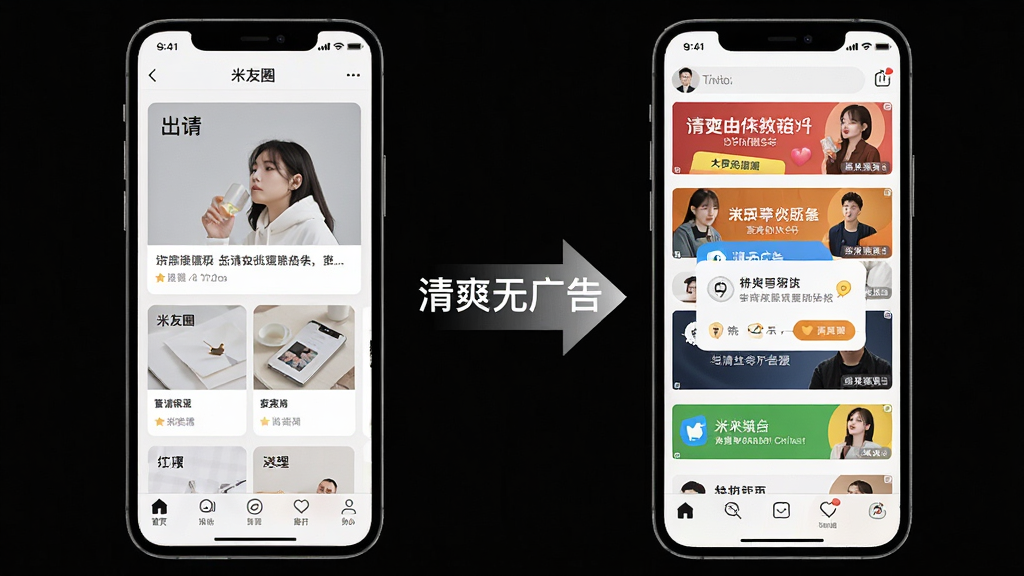 一张手机屏幕对比图,左侧是“米友圈”的干净界面,只有内容卡片和底部导航,右侧是其他社交APP的界面,布满各种广告横幅和弹窗,中间用箭头和文字“清爽无广告”连接,整体风格直观明了,画质清晰,无多余元素。