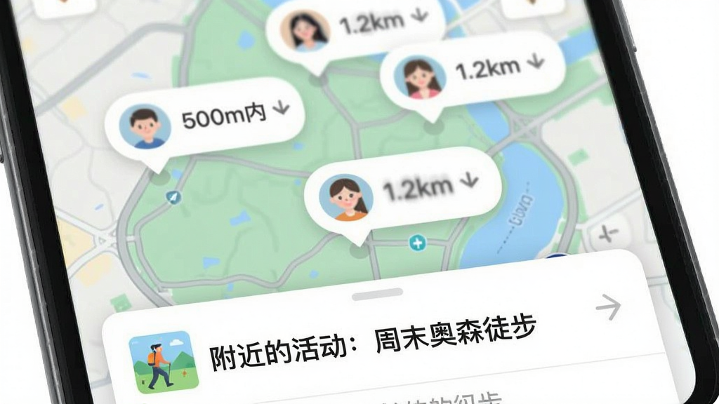 一张手机地图界面截图,地图上显示多个用户头像气泡,气泡旁边标注着模糊的距离如“500m内”、“1.2km”,地图底部弹出一个卡片显示“附近的活动:周末奥森徒步”,界面风格清爽,色彩柔和,文字清晰,画质干净无多余元素。