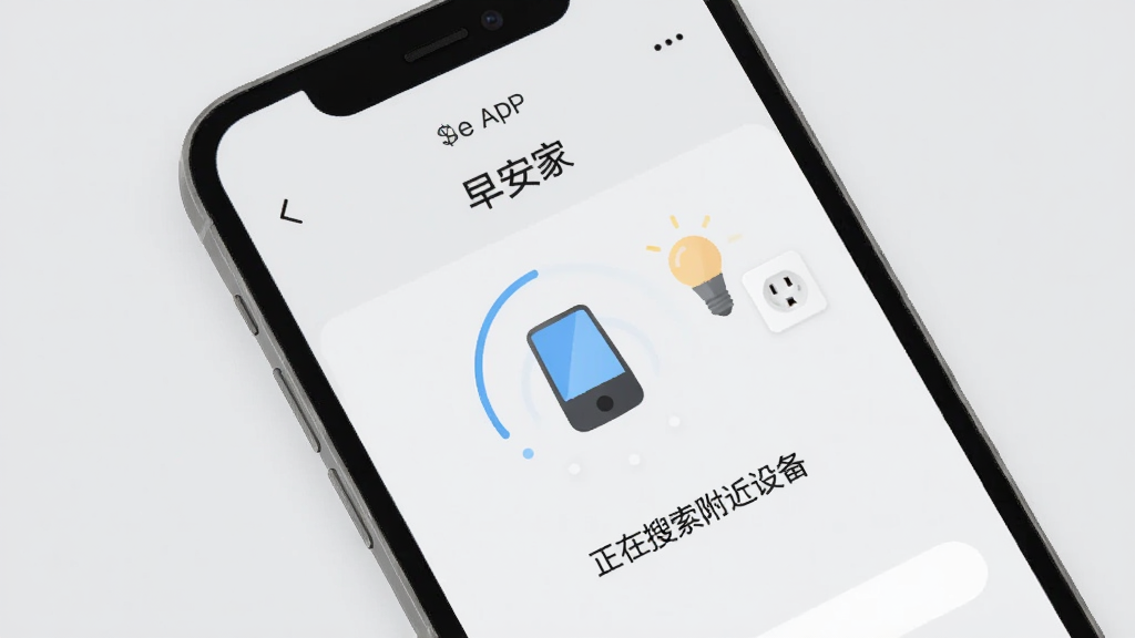 一部手机显示“早安家”APP的设备添加页面,页面上有正在搜索设备的动画,旁边有智能灯泡和插座的小图标,背景是简洁的浅灰色,界面文字清晰显示“正在搜索附近设备”,风格扁平化,画质干净无多余元素