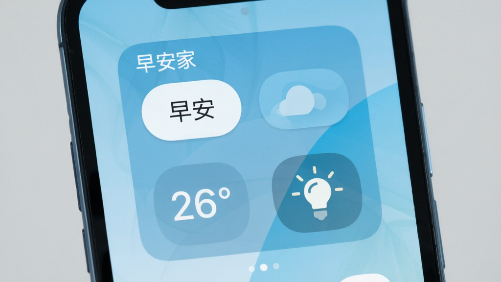 一部安卓手机的主屏幕特写,桌面上放置着“早安家”的4x2尺寸小组件,小组件内显示有“早安”按钮、当前温度26度和一个灯泡开关图标,背景是淡蓝色渐变壁纸,整体风格清新自然,图标圆润扁平,画质干净无杂乱元素