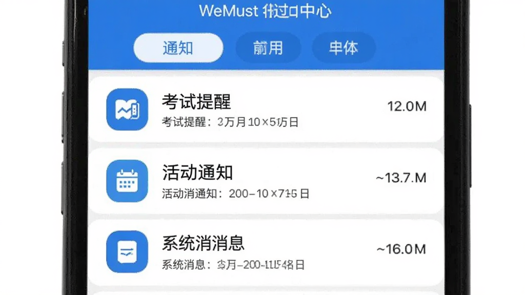 WeMust Student 消息通知中心界面,手机屏幕显示消息列表,包含考试提醒、活动通知、系统消息等条目,每条消息左侧有对应图标,右侧显示时间,顶部有筛选标签,界面干净整洁,蓝白配色,文字清晰,画质干净无多余元素