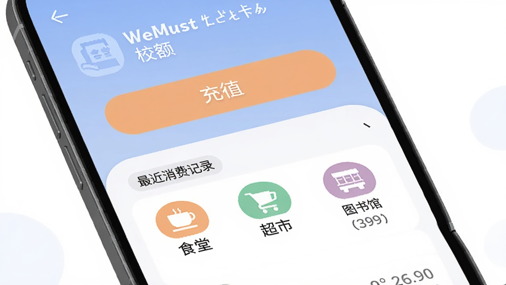 WeMust Student 校园卡服务界面展示,手机屏幕显示校园卡余额和充值按钮,下方是最近消费记录列表,包含食堂、超市、图书馆等消费场景图标,界面设计圆润,配色柔和,文字标签明确,整体风格现代扁平,画质干净无多余元素