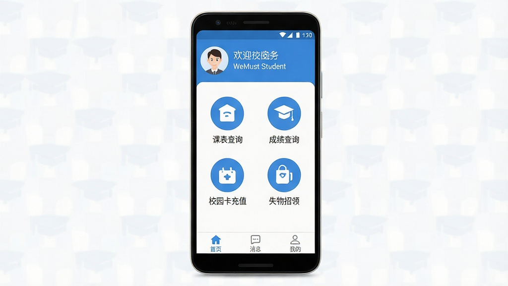 WeMust Student 应用主界面全貌展示,主体为一部安卓手机屏幕,屏幕内显示校园服务App界面,顶部是个人头像和欢迎语,中间整齐排列课表查询、成绩查询、校园卡充值、失物招领四个圆形功能图标,底部为首页、消息、我的三个导航标签,整体布局采用蓝白配色,风格清新简洁,画质干净无多余元素,文字标签清晰可见