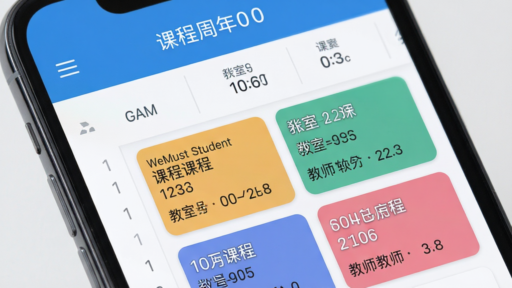 WeMust Student 课表查询界面特写,手机屏幕显示一周课程表格,不同课程用不同颜色区分,课程卡片内写有课程名称、教室编号、教师姓名,顶部显示当前周数,界面风格扁平化,蓝白色调为主,文字清晰,画质干净无多余元素