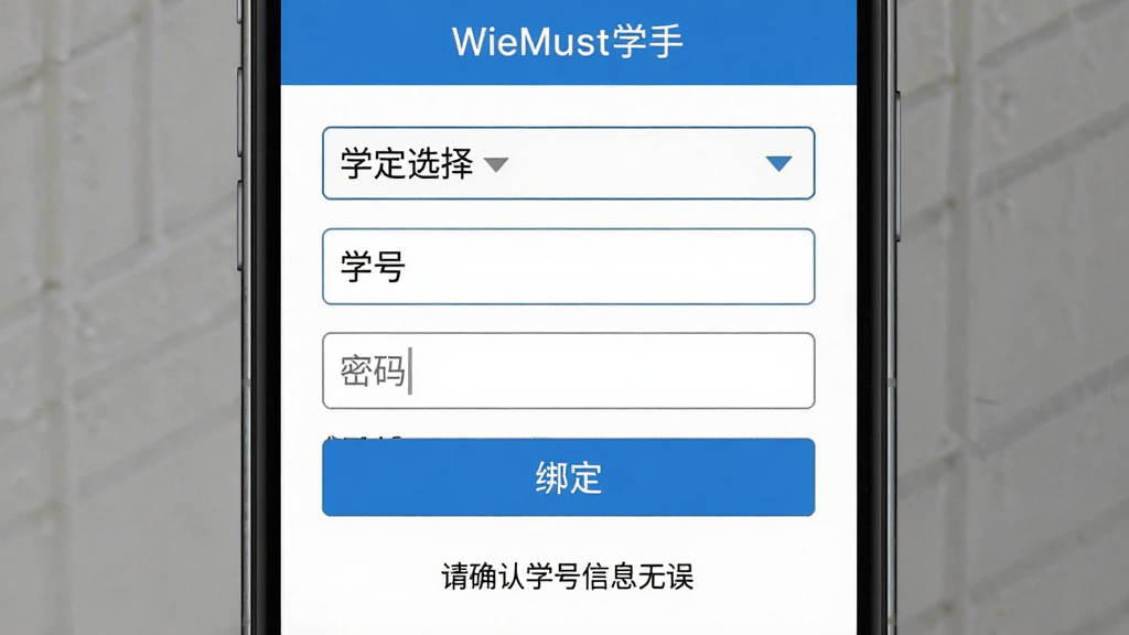 WeMust Student 新手设置引导界面,手机屏幕显示绑定学号页面,包含学校选择下拉框、学号输入框、密码输入框和绑定按钮,界面下方有文字提示“请确认学号信息无误”,整体风格简洁,蓝白配色,文字清晰,画质干净无多余元素