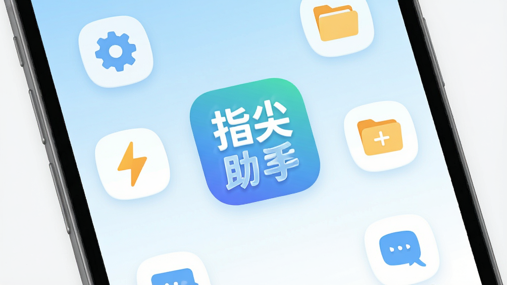 一张手机屏幕展示界面,画面中央是“指尖助手”App主图标和名称,周围环绕着几个简洁的功能图标,如齿轮、闪电、文件夹等,背景为浅蓝到白色的渐变,整体布局干净清爽,扁平化设计风格,线条圆润,画质清晰无多余元素