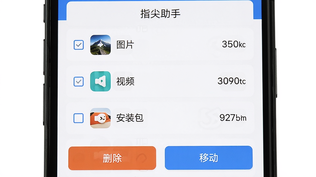 手机屏幕显示“指尖助手”文件清理界面,列表按图片、视频、安装包分类,每项前面有复选框,右侧显示文件大小,底部有删除和移动按钮,界面背景为白色卡片式设计,风格整洁高效,画质清晰无多余装饰