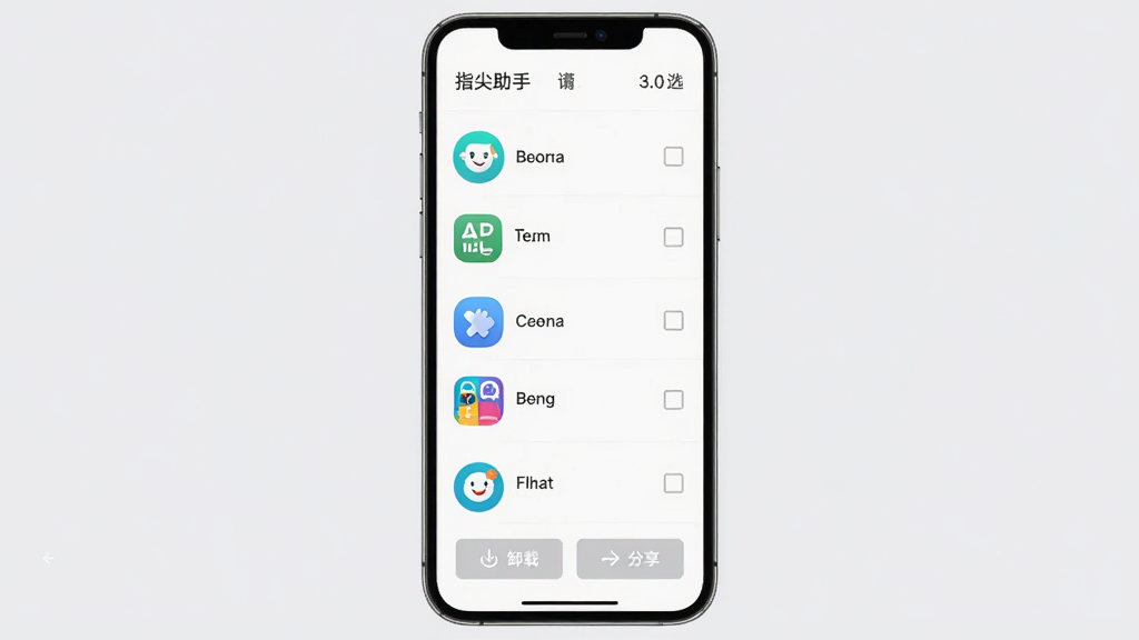 手机界面展示“指尖助手”应用管理页面,列表中排列着多个App图标和名称,每个前面有勾选框,顶部显示已选数量,底部有卸载和分享按钮,背景为浅灰色,布局规整,风格清爽,画质干净无杂乱元素