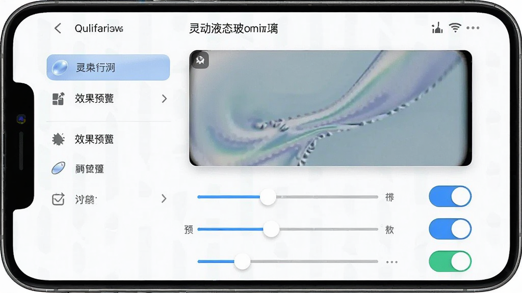 一张手机屏幕截图,展示“灵动液态玻璃”软件的设置界面,画面主体是简洁的菜单选项和预览窗口,布局为上下结构,上方是效果预览,下方是几个滑动条和开关按钮,风格为扁平化设计,细节包括清晰的图标和文字标签,画质清晰,干净,无多余元素。