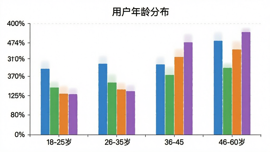 一张柱状图,展示“灵动液态玻璃”用户年龄分布,横轴为年龄段18-25岁、26-35岁、36-45岁、46-60岁,纵轴为用户占比百分比,柱子颜色分别为蓝色、绿色、橙色、紫色,图表风格简洁清晰,带有标题“用户年龄分布”,画质干净,无多余元素。
