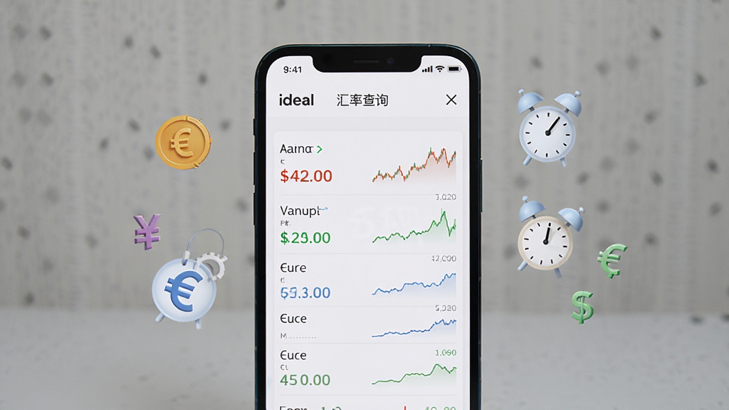 画面主体是手机屏幕,显示iDeal汇率查询页面,页面上有人民币与美元、欧元等货币的汇率数字和走势小图,手机旁边悬浮着货币符号和时钟图标,布局居中,风格现代简洁,细节清晰,画质高清无多余元素