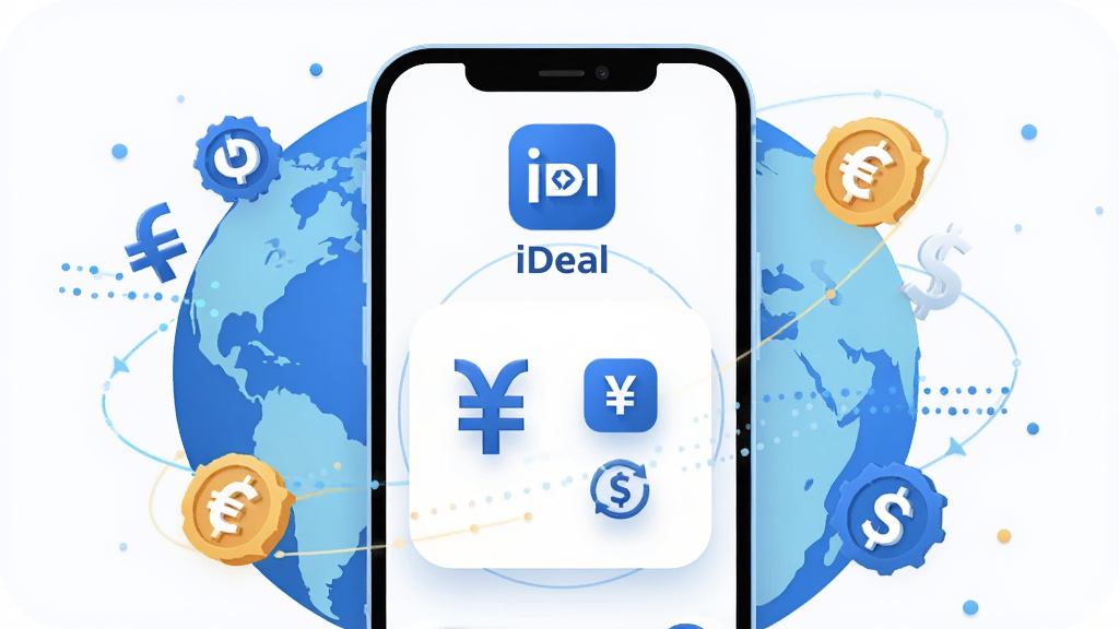 画面主体是一部智能手机,屏幕上显示iDeal应用的首页界面,屏幕上方有“iDeal”应用图标和名称,界面以蓝白配色为主,中间显示人民币符号和跨境结算相关图标,手机周围环绕着地球、货币符号、数据流线条等元素,布局居中对称,风格现代扁平化,细节圆润干净,画质高清无多余元素