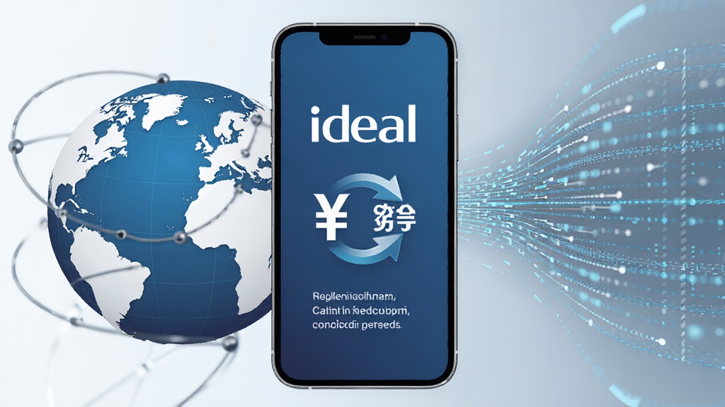 画面中央是一部手机,屏幕上显示iDeal跨境结算功能界面,界面中有人民币符号和跨境箭头图标,手机左侧是地球图案,右侧是数据流线条,整体布局左右对称,风格简洁商务,细节清晰干净,画质高清无多余元素