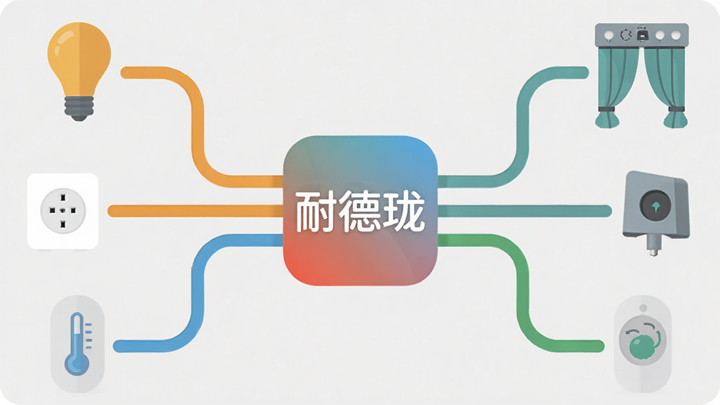 一张扁平化风格的插画,画面中央是“耐德珑”App的图标,图标周围伸出多条不同颜色的连接线,分别连接着智能灯泡、智能插座、智能窗帘电机、温湿度传感器等设备图标,线条流畅,配色清新,背景为浅灰色,画面简洁干净,无多余元素