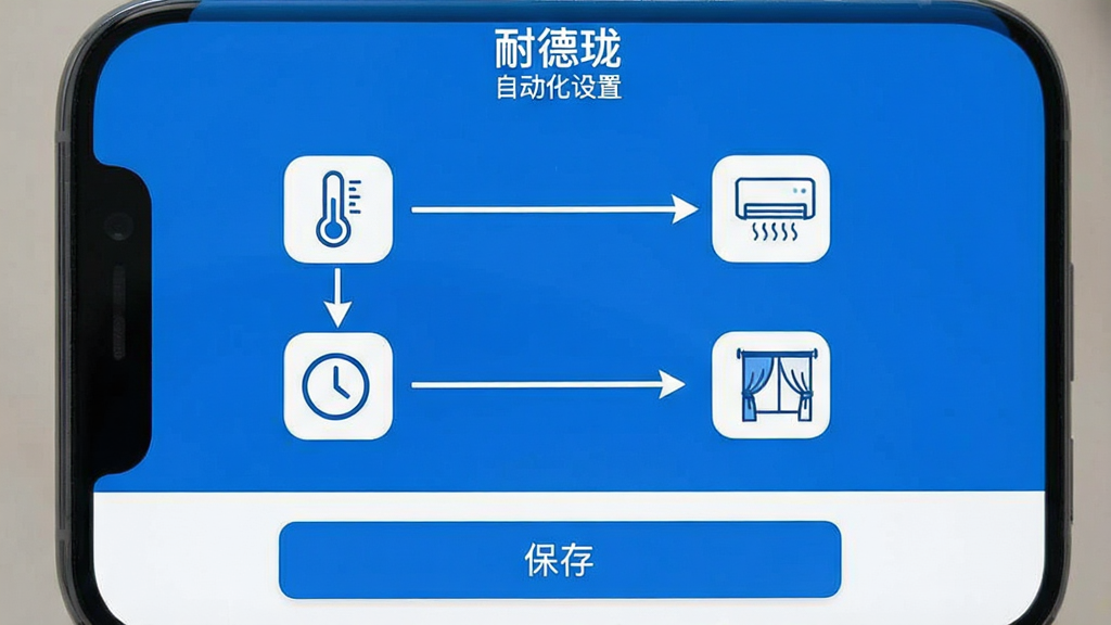 一张手机屏幕截图风格的图片,展示“耐德珑”App的自动化设置界面,界面上有一个流程图,左边是触发条件图标(如温度计、时钟),右边是执行动作图标(如空调、窗帘),中间用箭头连接,界面底部有“保存”按钮,整体UI设计简洁现代,蓝白配色,文字清晰,画质干净