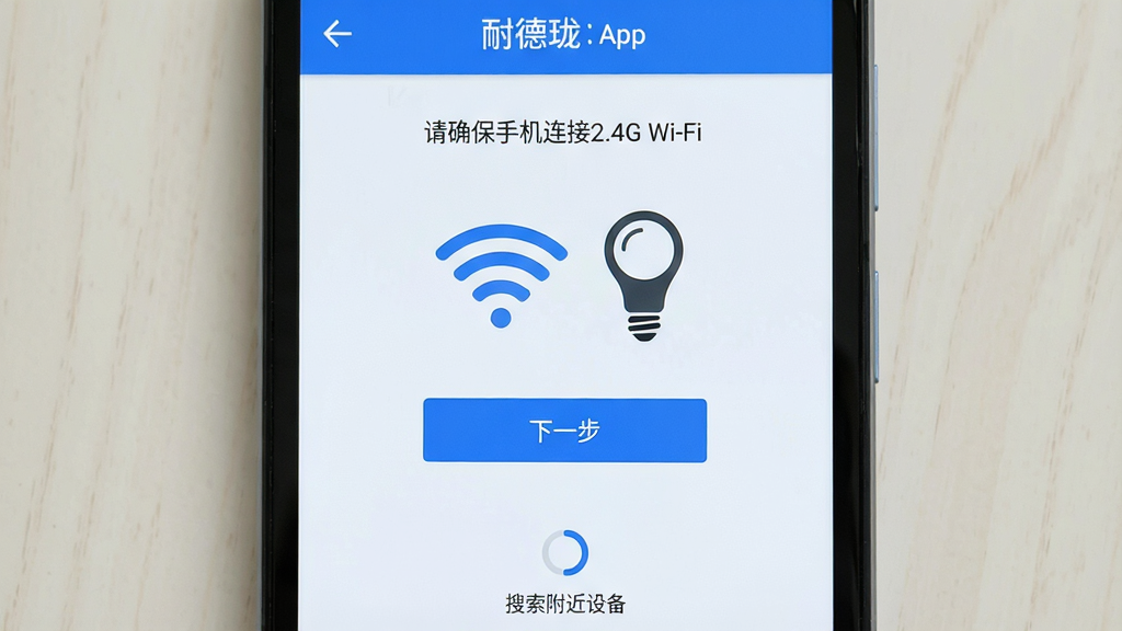 一部安卓手机屏幕显示“耐德珑”App的设备添加向导页面,页面中央是一个Wi-Fi信号图标和智能灯泡图标,下方有“下一步”按钮,顶部提示“请确保手机连接2.4G Wi-Fi”,界面底部有“搜索附近设备”的加载动画,整体UI风格简洁,蓝白配色,画质清晰