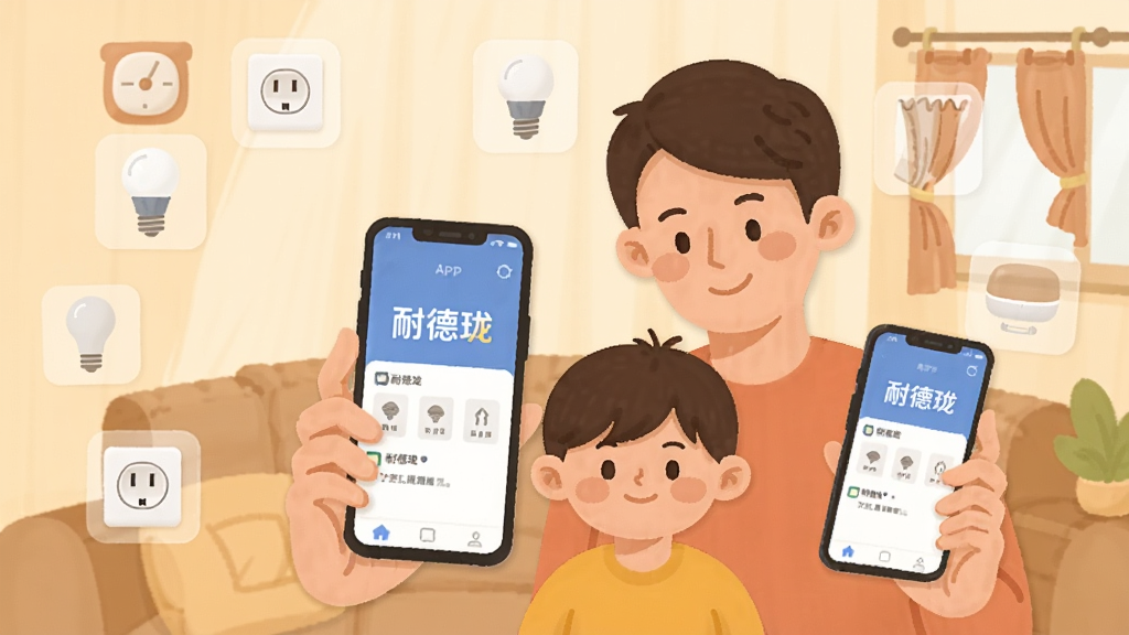 一张温馨的家庭场景插画,画面中父母和孩子分别拿着手机,手机屏幕上显示“耐德珑”App的界面,三人周围漂浮着智能灯泡、插座、窗帘等设备的半透明图标,画面色调温暖,风格扁平化,细节柔和,画质清晰,无多余元素