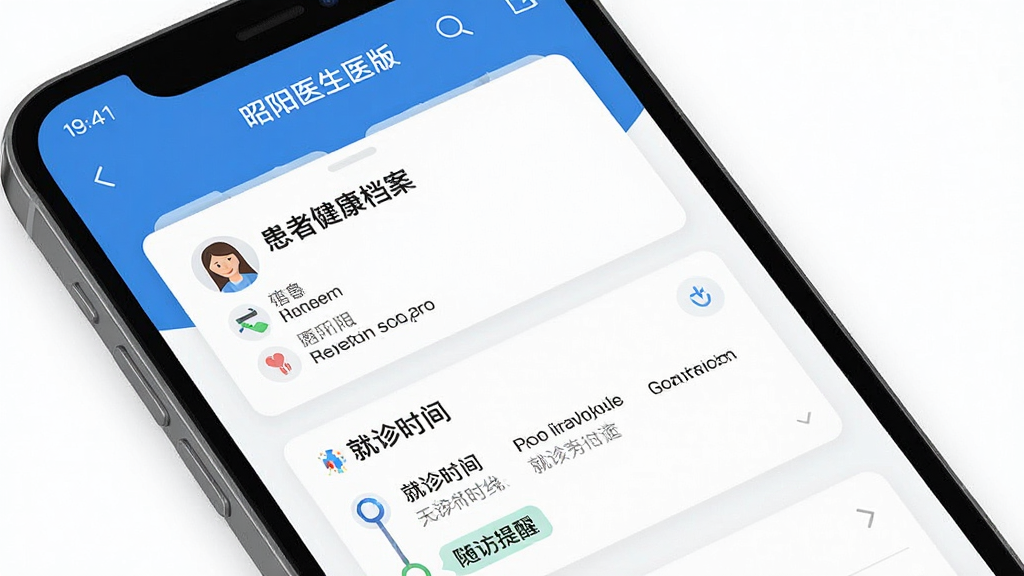 一张展示昭阳医生医生版患者档案界面的图片,手机屏幕显示患者健康档案卡片,包含基本信息、就诊时间线和随访提醒标签,界面布局清晰,以蓝白配色为主,风格现代扁平,画质干净,无多余元素