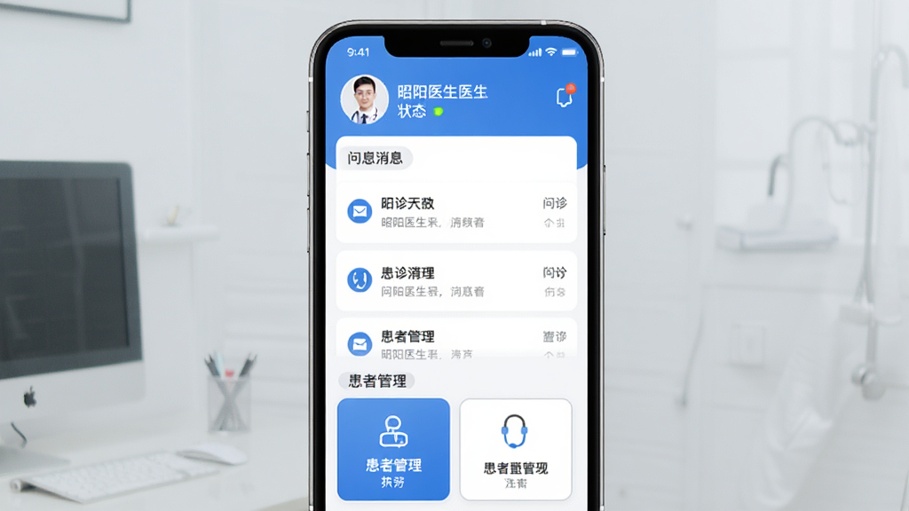 一张展示昭阳医生医生版手机应用主界面的图片,画面中央是手机屏幕,屏幕上显示昭阳医生医生版的问诊消息列表和患者管理卡片,界面以蓝白色调为主,顶部有医生头像和状态标识,布局清晰,风格现代简洁,画质干净,无多余元素