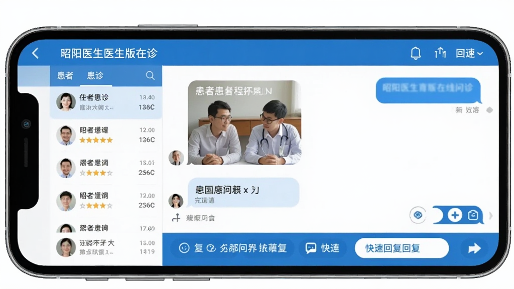 一张展示昭阳医生医生版在线问诊界面的图片,画面中手机屏幕显示医生正在回复患者的图文消息,左侧是患者列表,右侧是对话窗口,底部有快捷回复按钮,界面以蓝色和白色为主,风格专业清爽,画质清晰,无多余元素